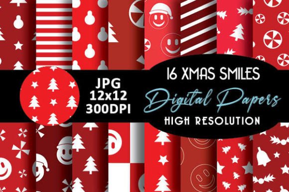 Red Smile Face Christmas Digital Papers