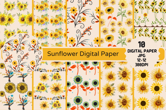Sunflower Digital Papers, Floral Papers
